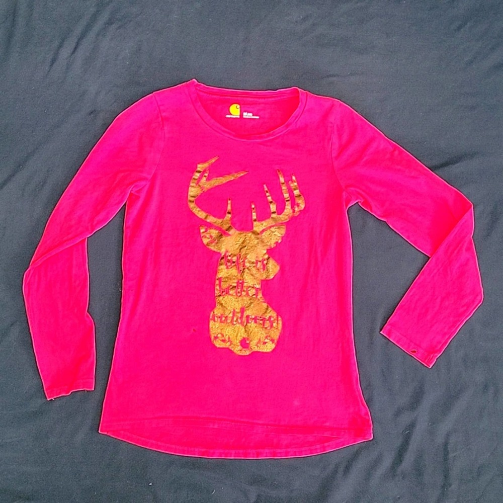 Girls' Bright Pink Long-Sleeve Tee with Gold Deer Graphic